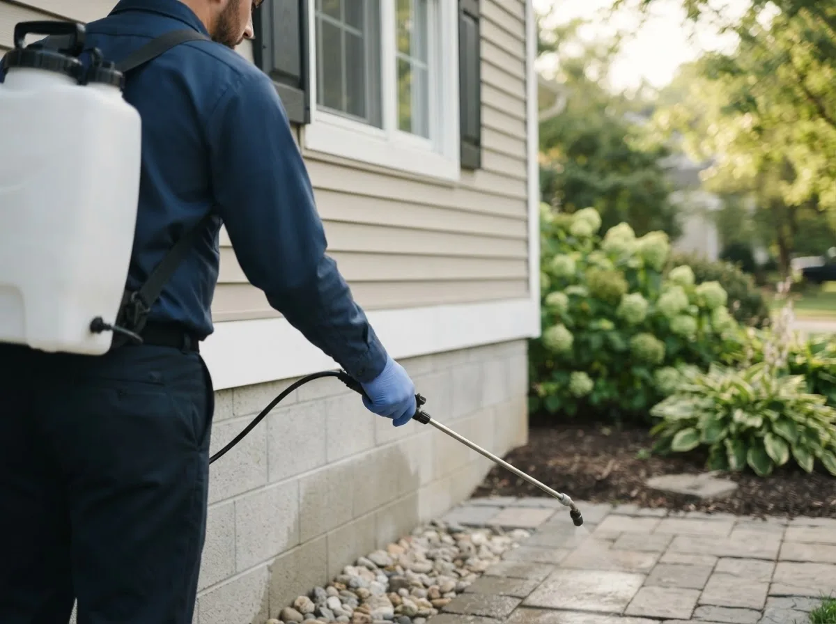 Pest control technician inspecting a home in Riverside, PA